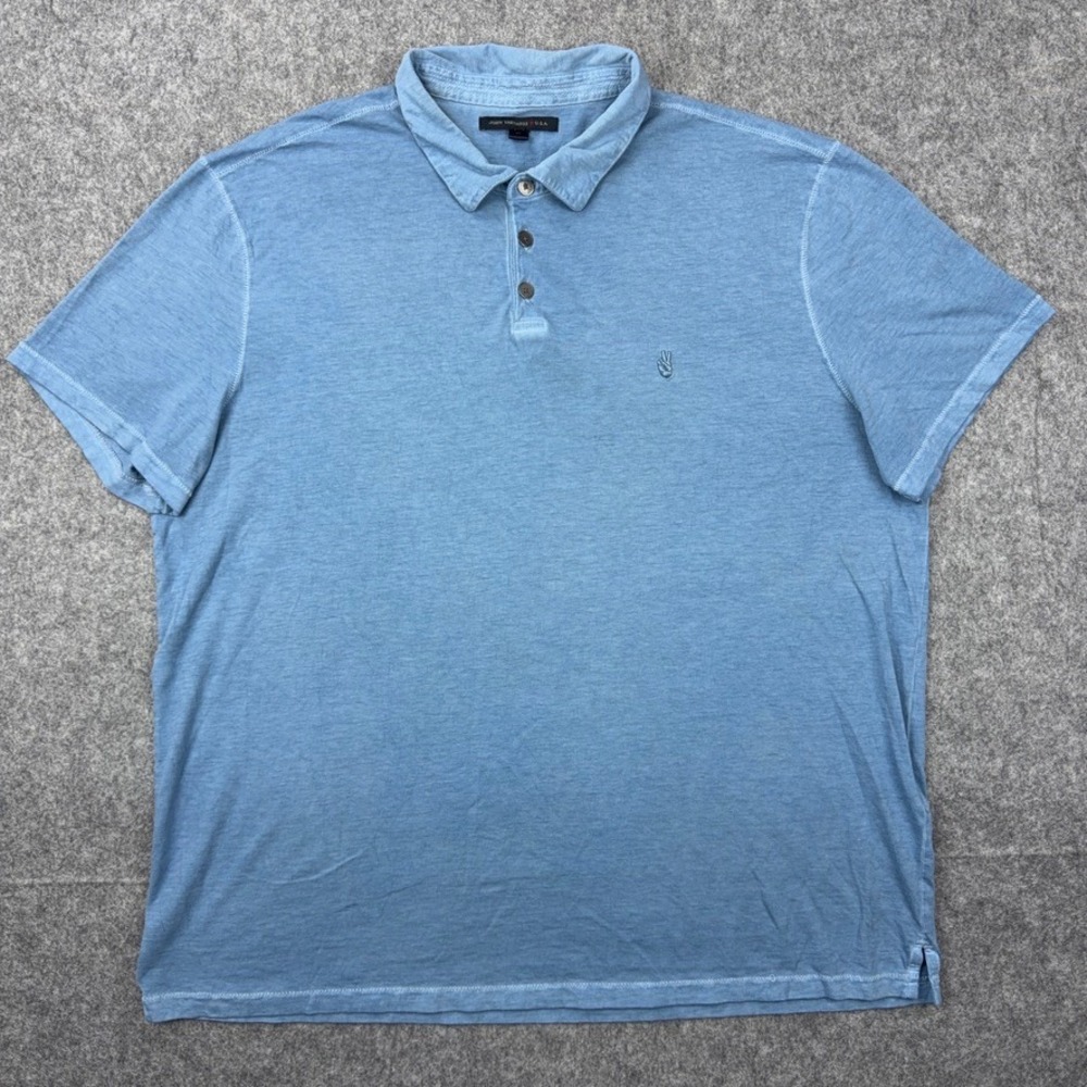 John Varvatos Polo Shirt Mens XL Blue Short Sleeve Peace Sign Slub Cotton Casual - Picture 2 of 11